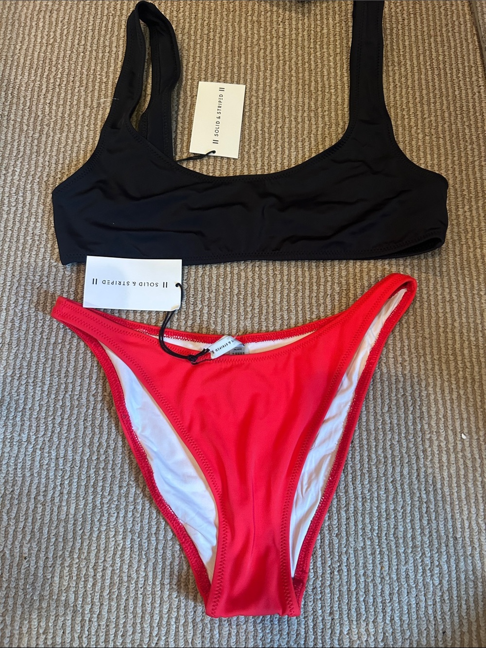 NWT SOLID & STRIPED Black Scoop Bikini Top with Red High-Cut Bottom size S/M